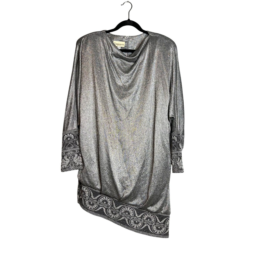 Vintage Damianou Asymmetrical Silver Metallic Dress Size M Party Cocktail Sheath
